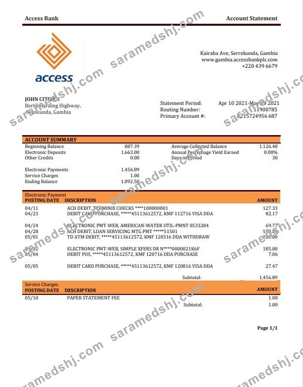 Gambia Access bank statement template, Word and PDF format